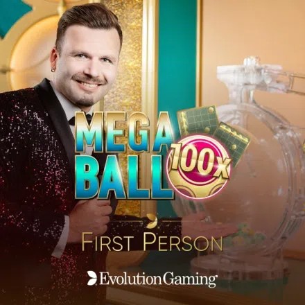 First Person Mega Ball online game logo by Evolution on rewardscasino.fr